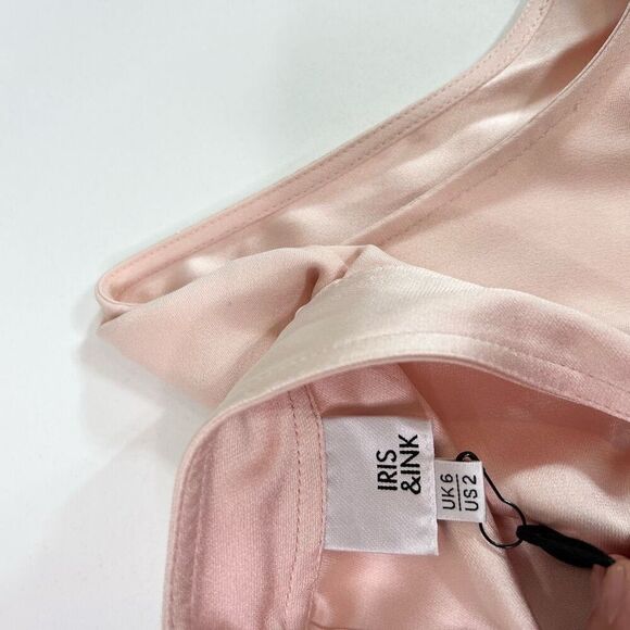 Iris & Ink Blouse Womens 2 Blush Pink Satin Sleeveless Tie Neck Keyhole Back NWT - Picture 3 of 10